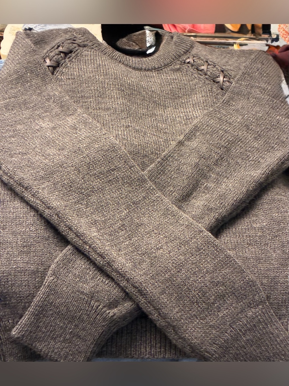 Zara Grey Crew Neck Sweater,faux leather laceup at shoulders(f&b). Acrylic Blend